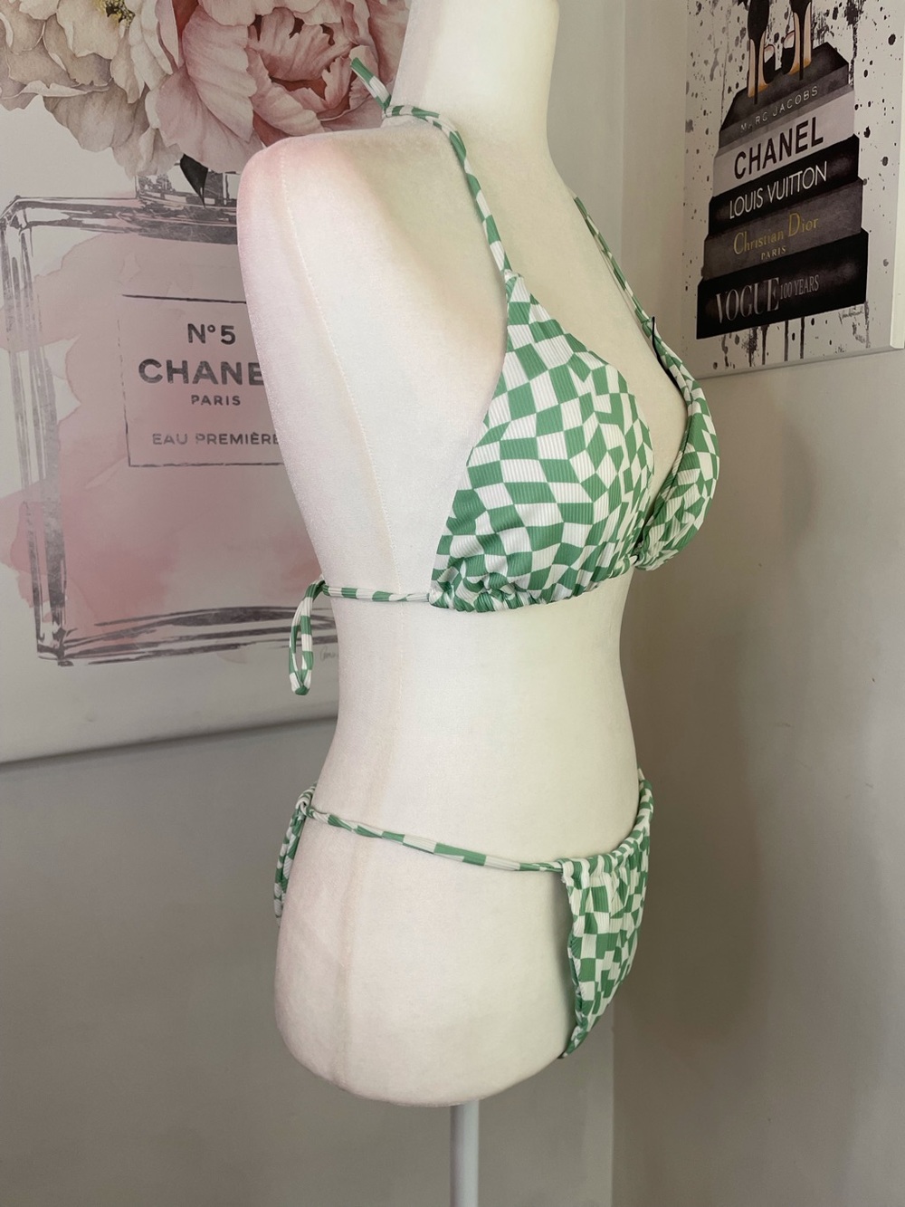 Zaful String Bikini Green & White Checkered Size 8 - Picture 3 of 14